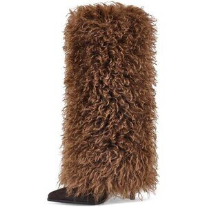 ⚡Women's Brown Knee High Furry Boots Shaggy Long Faux Fur Winter Boot Cozy Plush